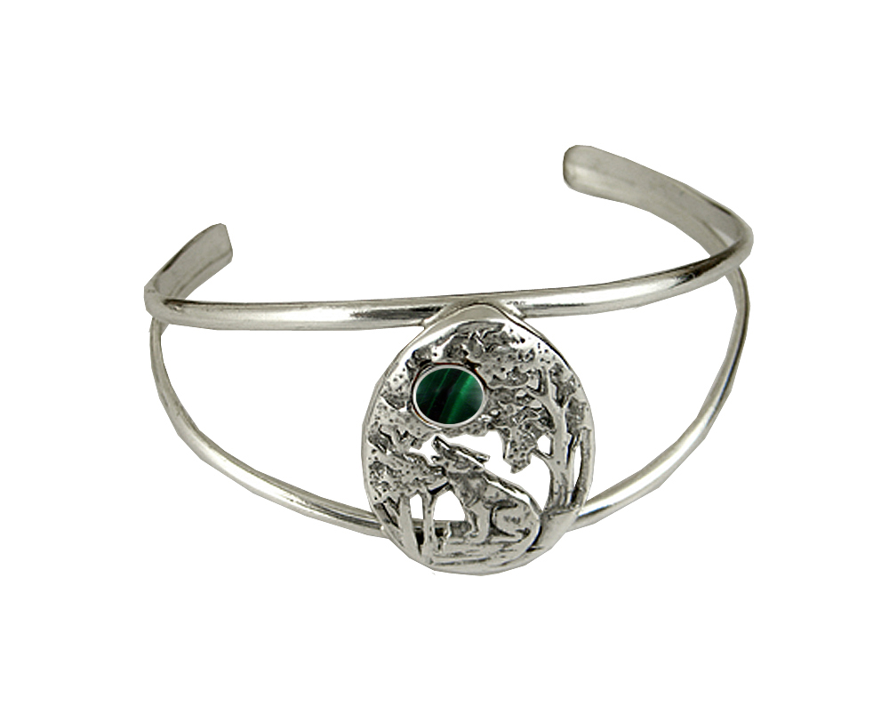 Sterling Silver Howling Wolf Cuff Bracelet With Malachite Sterling Silver Howling Wolf Cuff Bracelet With Malachite